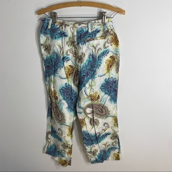Alexandra Bartlett 100% Linen Pants Paisley Blue Yellow White Drawstring Sz 2 - Picture 4 of 7